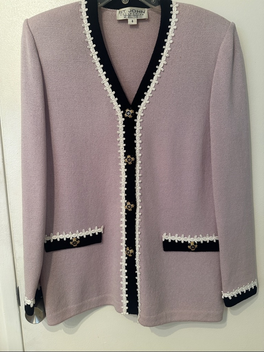 St. John Lavender Cardigan with Black Trim and White Braid